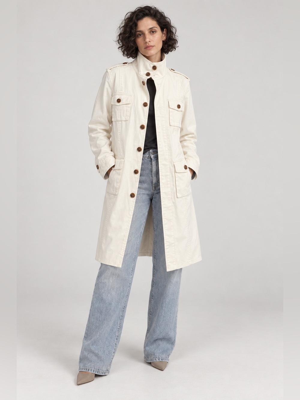 NWOT M0851 $495 White Cotton Utility Trench Coat Made in Canada